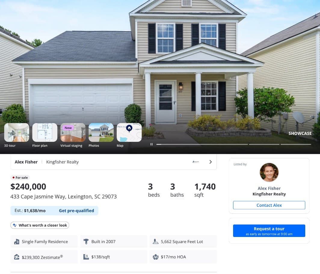 433 Cape Jasmine Way, Lexington, SC 29073 as it appears on Zillow Showcase